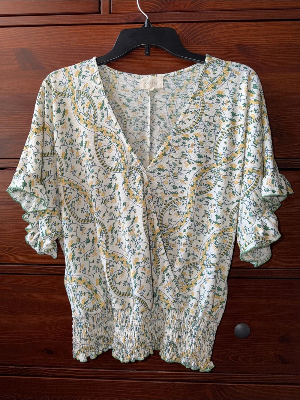 MELLODAY Floral Smocked Waist Blouse Green Yellow Floral Large